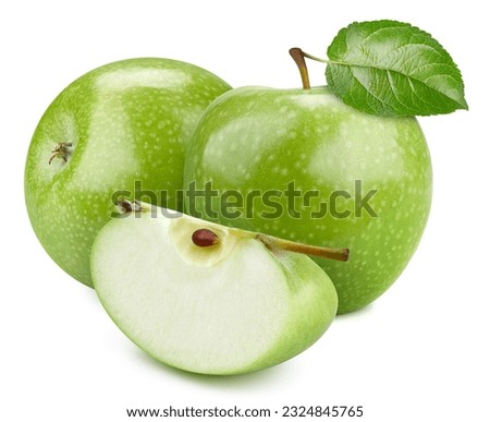 Isolated apples. Two whole green apples and a slice isolated on white background