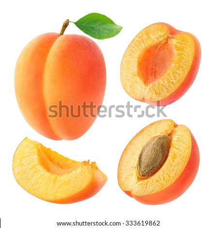 Isolated apricots. Collection of whole and cut apricot fruits isolated on white background with clipping path