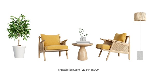 Isolated armchairs and plant on white background