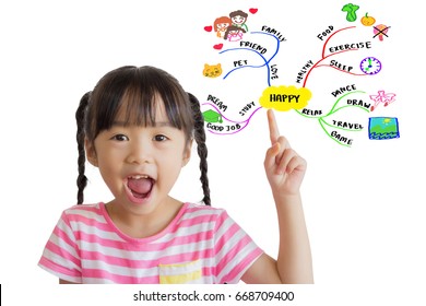 Isolated Asian Child Smile Happily And Point At Her Mind Map