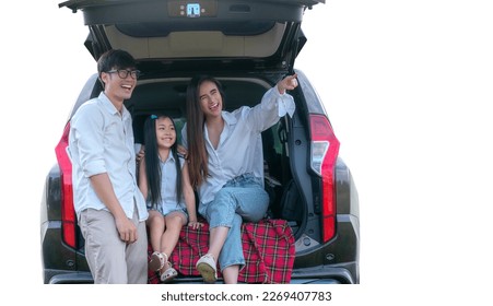 Isolated of asian family sit on back side of SUV car, happy talking togather between travel