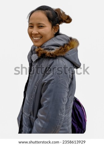 Isolated asian woman smiling on white background.