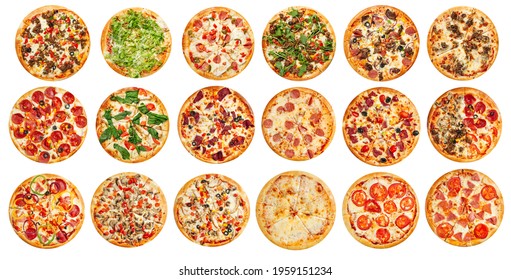 Isolated assorted variety of pizzas collage menu design on the white background