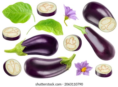 Isolated Aubergines Collection. Pieces Of Eggplants And Whole Fruits, Leaves And Flowers Isolated On White Background