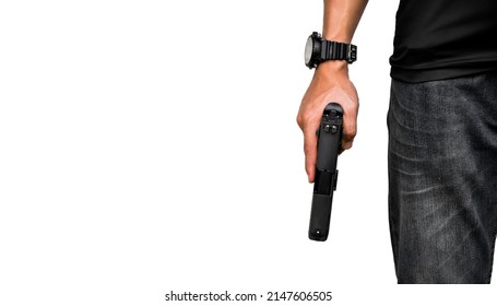 Isolated automatic 9mm pistol gun holding in right hand of gun shooter, concept for training to shoot guns for custody and crime prevention