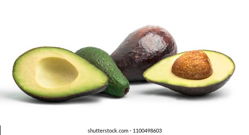 Isolated Avocado. Fresh Whole And Cut In Half Avocado Fruits Isolated On White Background