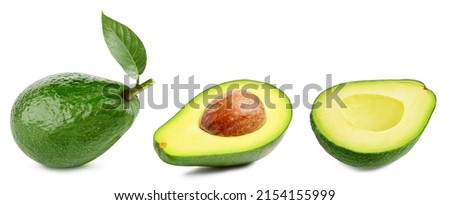 Isolated avocado with leaf. One whole avocado fruit on white background with clipping path. As design element.