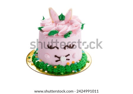 Isolated baby bunny mini cake for easter. Pink body with pink bunny ears and a button nose. Topped with pink icing roses and green leaves. Green foliage icing ring and sits on gold doily.