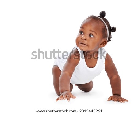 Isolated, baby crawling and against a white background on the floor. Childhood or milestone, child development or playing and black toddler crawl alone against a studio backdrop on the ground