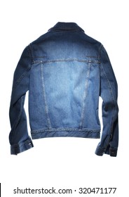 Isolated Back Side Of Blue Jeans Jacket On White Back Ground