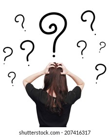 Isolated Back Of Stress Asian Woman With Question Mark On Her Head