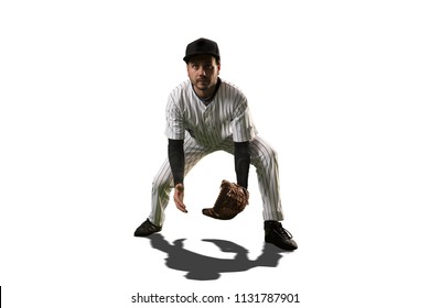 Isolated Baseball pitcher catch the ball on white background