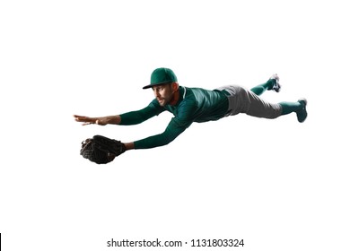 Isolated Baseball Shortstop Catches The Ball On White Background