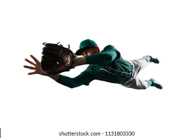 Isolated Baseball Shortstop Catches The Ball On White Background