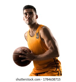 Isolated basketball player in action with a ball on white background - Powered by Shutterstock