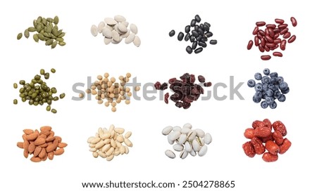 Isolated of beans nuts with fruit on white background, red beans pumpkin seeds black bean mung bean soybean blueberry almonds peanut pistachios dried fruit with jujube isolate set on white background