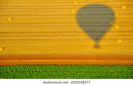 Isolated beautiful high resolution image of the shadow created bu a hot air balloon over a wheat field and multiple sunflower field- Israel