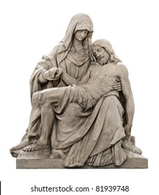 Isolated beautiful statue of Holy Mary holding the Corpus Christi on her lap