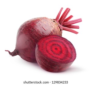 Isolated beet. Whole red beetroot and a half isolated on white background
