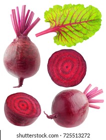 Isolated beetroot collection. Various cut and whole beetroot vegetables with leaf isolated on white background with clipping path