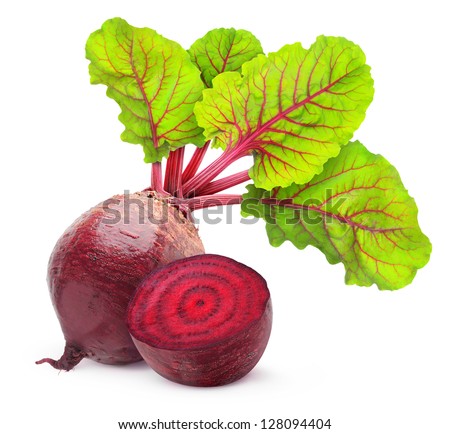 Isolated beetroot. One fresh red beet with leaves and a half isolated on white background