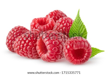 Isolated berries. Pile of raspberry fruits with leaves isolated on white background with clipping path