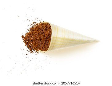 Isolated birch bark bag with ground coffee on white background 