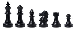 Isolated Black Chess Set Chess Piece King, Queen, Bishop, Knight Horse, Rook, Pawn On White Background. Business, Competition, Strategy, Decision Concept