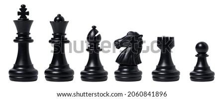 isolated black chess set chess piece king, queen, bishop, knight horse, rook, pawn on white background. business, competition, strategy, decision concept
