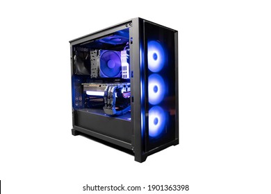 Isolated Black Destop Computer Middle Size Tower With LED RGB Light On White Background