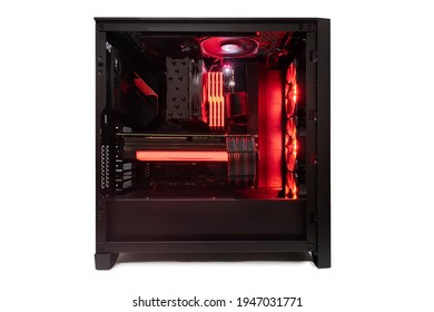 Isolated Black Destop Computer Middle Size Tower With Red LED RGB Light On White Background