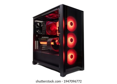 Isolated Black Destop Computer Middle Size Tower With Red LED RGB Light On White Background