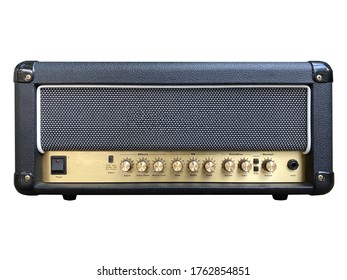 Isolated Black Leather And Gold Control Panel Modern Electric Guitar Amplifier With Black Knob On White Background With Clipping Path. Popular Amp In Rock Metal Music. Front View Photo.