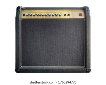 Isolated Black Leather And Gold Control Panel Modern Electric Guitar Amplifier With Black Knob On White Background With Clipping Path. Popular Amp In Rock Metal Music. Front View Photo.