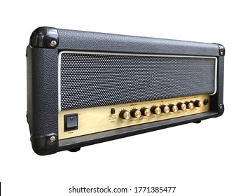 Isolated Black Leather And Gold Control Panel Modern Electric Guitar British Style Amplifier With A Black Knob On White Background With Clipping Path. Popular Amp In Rock Music. Front View Photo.