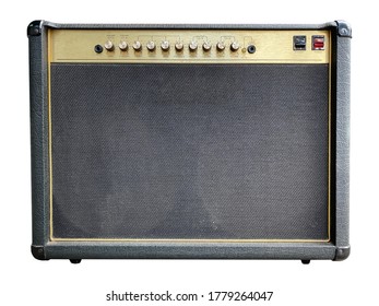 Isolated Black Leather And Gold Control Panel Vintage Electric Guitar British Style Amplifier On White Background With Clipping Path. Popular Amp In Rock Metal Music. Front View Photo.