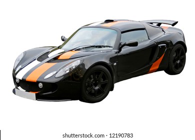 Isolated Black Lotus Exige Car With Orange Stripe