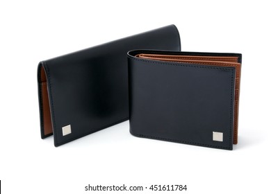 isolated black short leather texture wallet with white background / Male purse