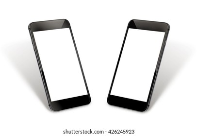 Isolated Black Smart Phone. Two Sided Isometric View. Isolated Screen For Mockup.