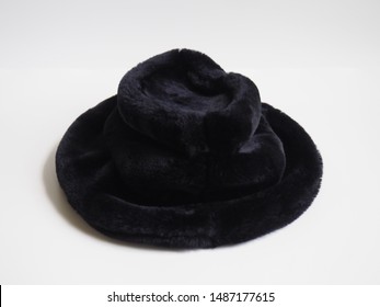 Isolated Black Woolen Velvet Fluffy Bucket Hat With White Background