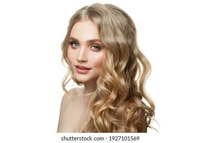 Isolated Blonde Woman With Long Perfect Hair And Clear Skin On White Background