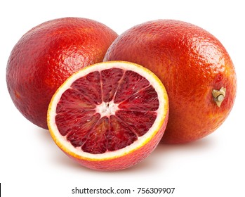 Isolated blood oranges. Two whole orange fruits with half isolated on white background with clipping path