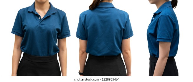 Isolated Blue Polo Shirt Template On Woman Body For Design Concept