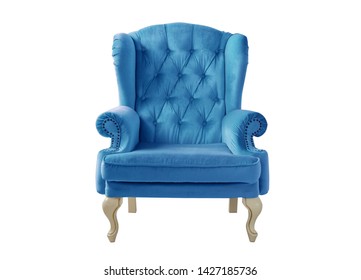 Isolated Blue Velvet Armchair. Vintage Chair. Insulated Furniture