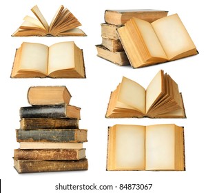 Isolated books. Collection of different old books, closed and open with empty pages, single and in stacks isolated on white background