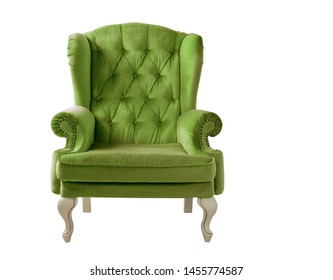 Isolated bottle green armchair. Vintage armchair. Insulated furniture. Bottle green chair. Bottle green velvet armchair