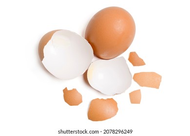 Isolated Broken eggshell. Top view group of broken eggshells stacked on white background. Flat lay. - Shutterstock ID 2078296249
