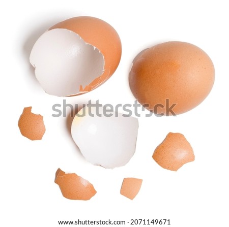 Isolated Broken eggshell. Top view group of broken eggshells stacked on white background. Flat lay.