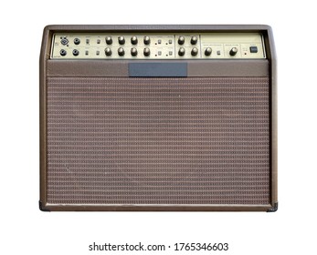 Isolated Brown Leather And Gold Control Panel Vintage Acoustic Guitar Amplifier With Black Knob On White Background With Clipping Path. Popular Amp In Pop Country Music. Front View Photo.