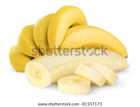 Isolated bunch of banana fruits. Peeled cut bananas isolated on white background